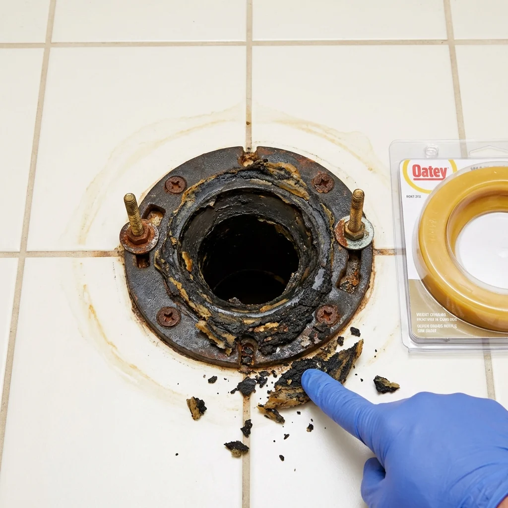 Failed wax ring showing water seepage at the base of a toilet in a Cornelius, OR home