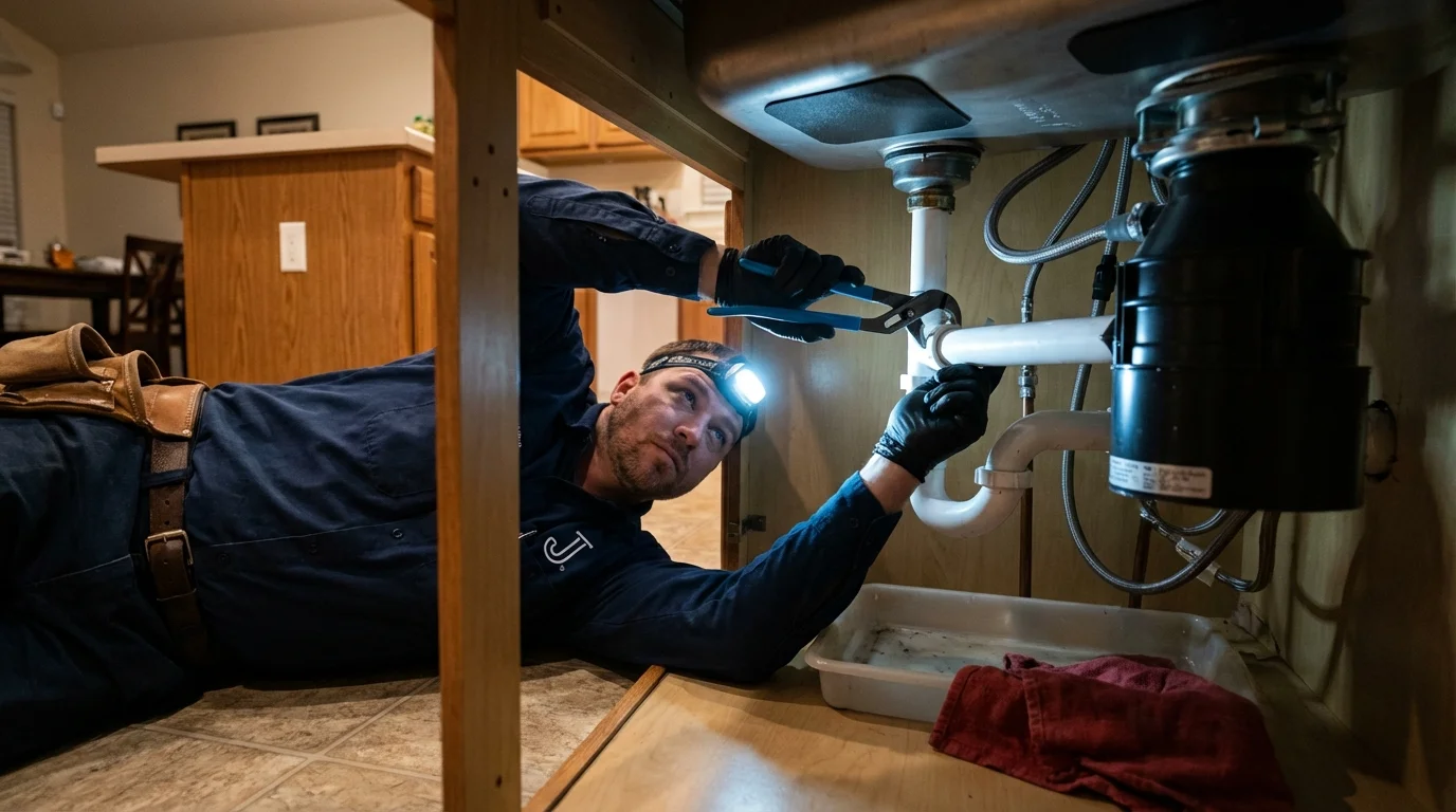 P-trap and supply line connections under a kitchen sink showing a common leak point in Cornelius, OR